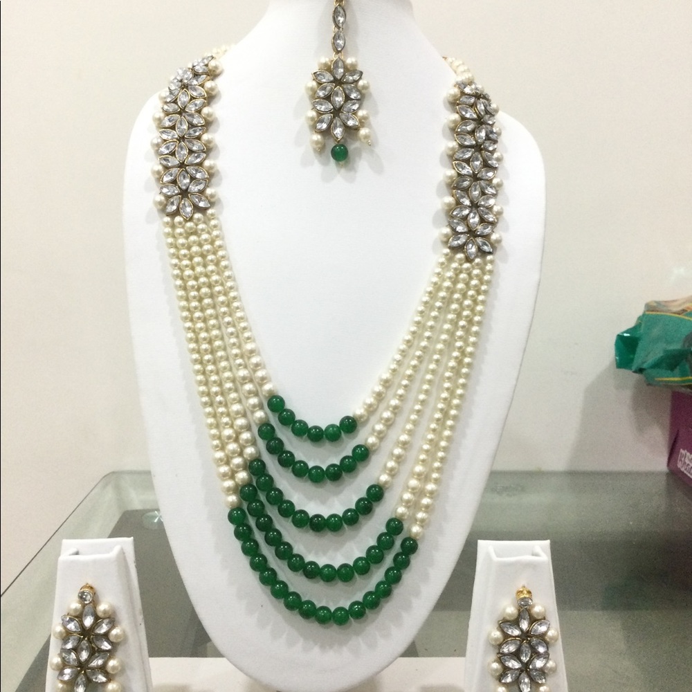 Green & white pearl pakistani bridal necklace set queen’s necklace - Picture 9 of 10